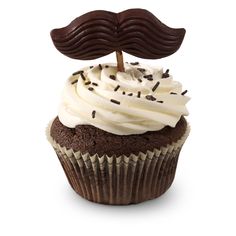 a chocolate cupcake with white frosting and a mustache on top