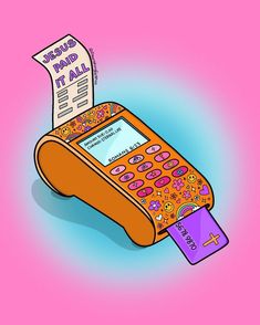 an orange cell phone with a purple card in front of it and a pink background