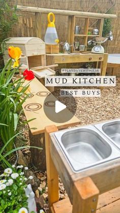 an outdoor kitchen made out of pallets and wooden boards with the words mud kitchen best buys