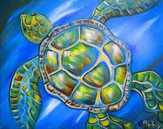 a painting of a green sea turtle swimming in the ocean