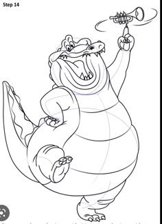 a cartoon alligator is holding an object in his hand