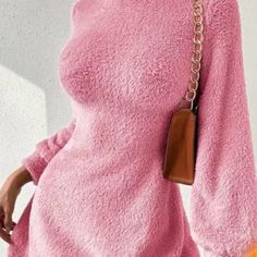 New High Neck Line Long Sleeve Midi | 10% Scratch Pink Fluffy Sweater, Fuzzy Sweater Outfit, Rainbow Dresses, Pink Sweater Dress, Fluffy Sweater, Rainbow Dress, Dresses Pink, Fuzzy Sweater, Long Sleeve Midi