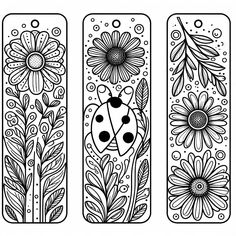 three bookmarks with ladybug and daisies on them, one is black and white