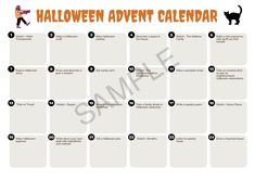 a halloween calendar with an image of a cat and pumpkins on it, as well as