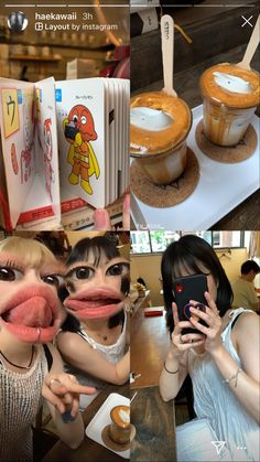 two women with fake mouths and food on their faces, one holding a cell phone