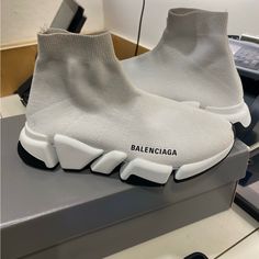 Balenciaga Speed 2.0 Sock Sneakers 38 (8) White Bought At Saks Good Condition Balenciaga Sock Sneaker, Balenciaga Sock, Shoes Balenciaga, Sock Sneakers, Balenciaga Speed, Bow Sandals, Wood Heel, Balenciaga Shoes, Limited Time