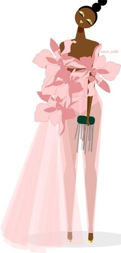 an illustration of a woman in a pink dress with flowers on her skirt and heels