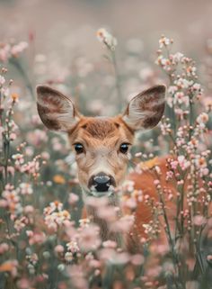 a small deer standing in the middle of a field of flowers with it's eyes wide open