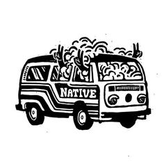 a black and white drawing of a van with surfboards on the roof