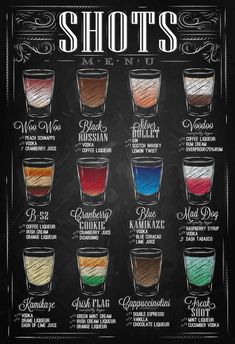 a poster with the names and colors of shots