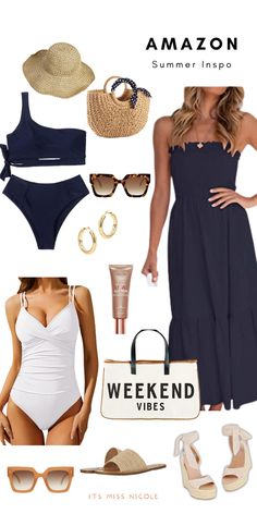 Collage of classy chic vacation items and fashion outfit for summer beach trips Summer Outfits Women Over 40 Italy, Amazon Resort Wear 2024, Mexican Cruise Outfits For Women, Resort Wear 2024 Trends, Beach Vacation Outfits Over 40, Cruise Wear For Women, Beach Attire For Women