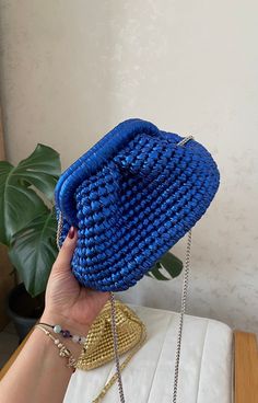 Wedding Woven Metallic Raffia Pouch Clutch Bag Small Tote - Etsy Blue Handmade Evening Bag For Everyday Use, Blue Crochet Bag For Gift, Chic Handmade Blue Shoulder Bag, Evening Crochet Bag With Removable Pouch, Blue Crochet Pouch Bag As Gift, Blue Crochet Pouch Bag Gift, Elegant Crochet Clutch Bag With Removable Pouch, Handmade Blue Yarn Crochet Bag, Black Woven Crochet Evening Bag