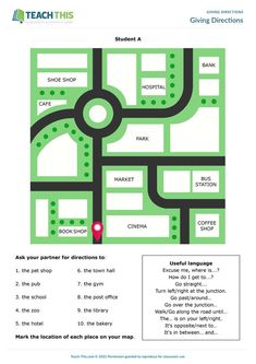 Asking And Giving Directions Worksheet, Esl Activities Elementary, Giving Directions Worksheet, Esl Teaching Elementary, Directions Worksheet, Asking For Directions, Map Skills Worksheets, English Worksheet