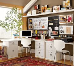 a home office with two computer desks and white chairs