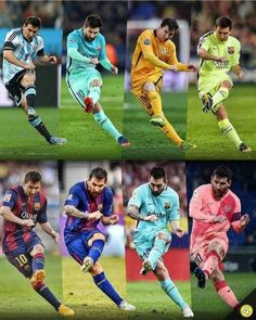 many different soccer players are competing for the ball in this collage, including goalkeepers and forwards