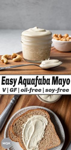 an image of easy aquafaba mayo spread on bread with almonds and butter in the background