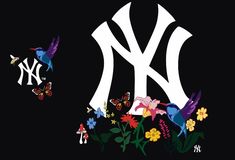 the new york yankees logo is surrounded by flowers and butterflies in front of a black background