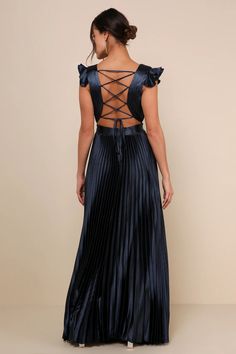 Navy Blue Maxi Dress - Backless Dress - Lace-Up Pleated Dress - Lulus Wedding Aesthetics, Navy Blue Maxi Dress, Accordion Pleats, Lulu Fashion, Adhesive Bra, Pleated Maxi Dress, Pleated Maxi, Maxi Dress Blue, Blue Satin