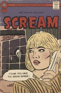 an old comic book cover with a woman holding a cell phone in front of a window