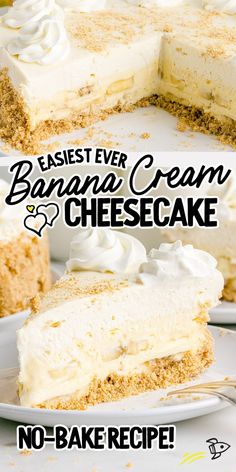 Banana Cream Cheesecake Banana Cream Cheesecake, Baked Dessert, Yummy Cheesecake, Banana Pudding Cheesecake, Banana Dessert Recipes, Banana Cheesecake, Cream Cheesecake, Banana Dessert, Easy No Bake Desserts