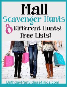 three girls walking down the street with shopping bags and text overlay that reads mail scavenger hunt 8 different hunts free lists