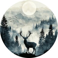 a deer standing in the middle of a forest under a full moon