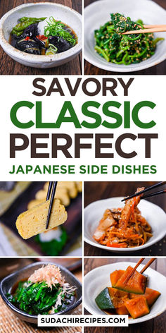 Traditional Japanese side dishes featuring marinated eggplant, sesame spinach, tamago, kabocha squash, and seaweed salads served in rustic ceramic bowls on wooden surfaces Japanese Sides, Sides For Chicken, Japanese Recipe, Dinner Party Menu, Japanese Cooking