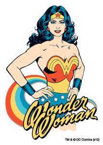 the wonder woman logo is shown on a white background, with blue hair and an orange top