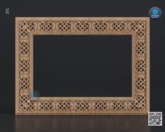 a wooden frame with an intricate design on the front and sides, sitting against a black background