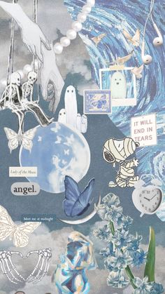 an altered collage with images, words and pictures on the side of a wall