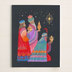 a painting of three wise men holding cups in front of a star and the night sky