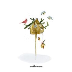 a drawing of a bird house with birds around it and christmas decorations hanging from the roof