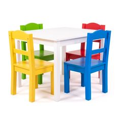 three children's plastic chairs around a white table