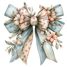 a watercolor painting of a bow with flowers and leaves on the front, in pastel blue tones