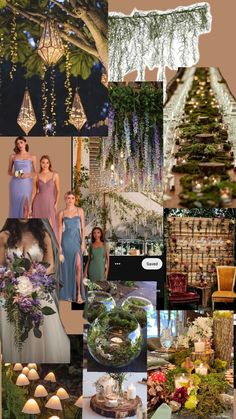 the collage shows many different types of flowers and plants, including trees with lights hanging from them