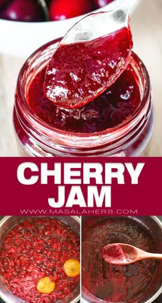 cherry jam in a jar with spoons and cherries