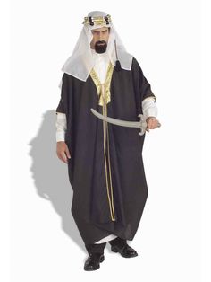 The Men's Arab Sheik Costume consists of a three piece set. The dark brown robe featured a golden trim on the chest and down the middle, adding intricate detail. The robe is able to fit most adult male sizes. The costume also includes a headpiece with a mock gold jeweled ring and a white underrobe. All three pieces included in the costume set are made from one hundred percent polyester. Genie Dress, Mens Fancy Dress, Fancy Dresses Party, Arabian Nights, Matching Headband, Fancy Dress Costumes, Mens Costumes, Adult Costumes, Fancy Dress