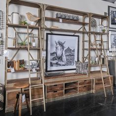 a living room with shelves and pictures on the wall