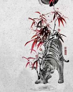 a painting of a tiger in front of a bamboo tree