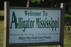 the welcome sign to alligator mississippi is posted in front of a grassy area with trees