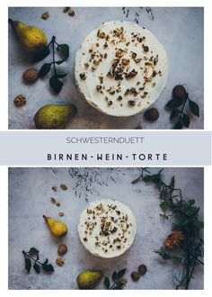 two cakes with different toppings on top of each one and the words, brinnen - weiin - torte