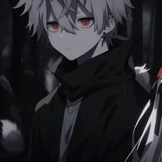 an anime character with white hair and red eyes wearing a black coat, holding a knife