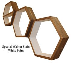 three wooden hexagonals with white paint on them and the words special walnut stain