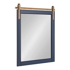 a blue mirror with a wooden frame and metal bar on the bottom, against a white background