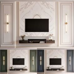 a living room with white walls and marble flooring, tv mounted on the wall