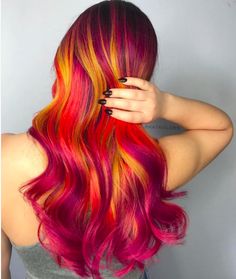 Pink Orange And Yellow Hair, Orange And Yellow Ombre Hair, Red Orange Yellow Ombre Hair, Red And Orange Vivid Hair, Phoenix Hair, Flame Hair, Unicorn Hair Neon Peach, Maroon Hair, Cheveux Oranges