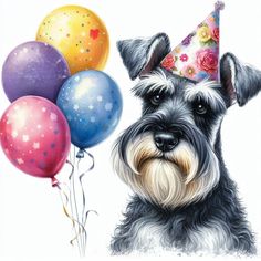 a dog wearing a party hat with balloons