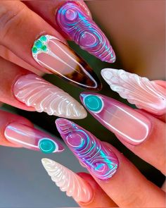 Mermaid Toenails, Fiji Nails, Nails Iridescent, Nails Turquoise, Iridescent Nails, Nails Mermaid, Little Mermaid Wedding, Shell Nails, Wave Nails