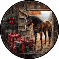 a painting of a horse standing in front of a barn door with presents around it