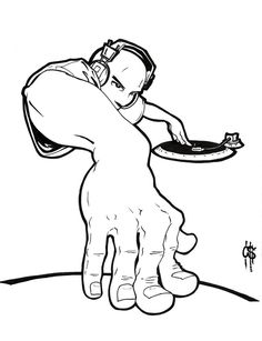 a drawing of a hand holding a plate with a person's foot on it